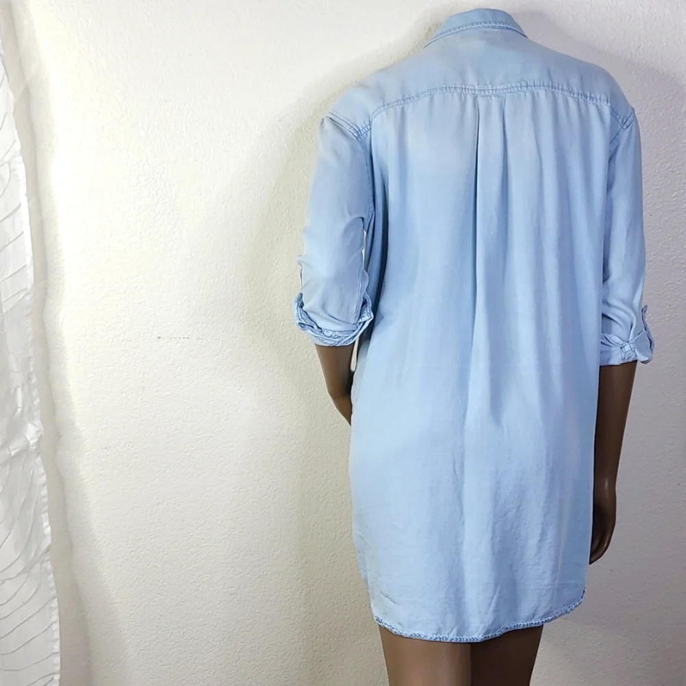 Shirt Dress Chambray Denim Size Small Lightweight Pockets Tab Sleeves Casual - Picture 5 of 6